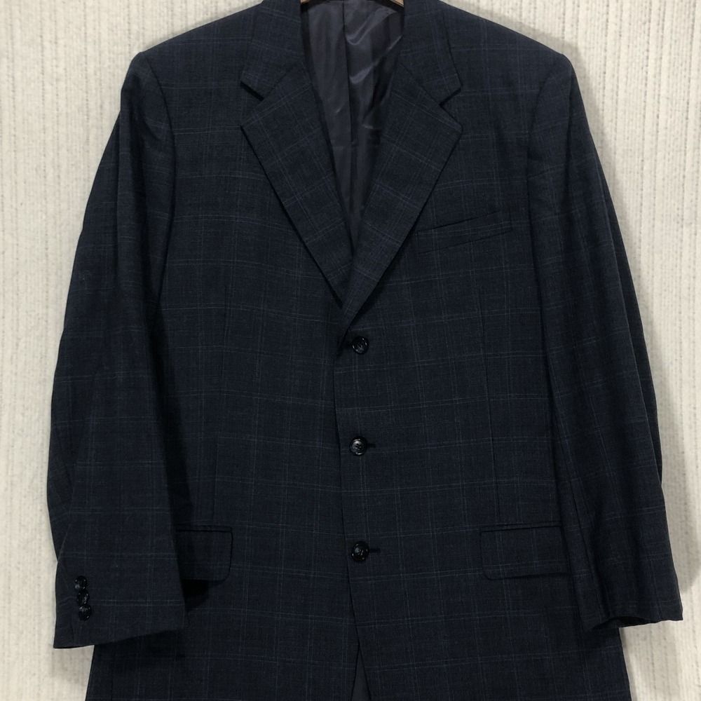 Grand Tailor Hong Kong Mens Navy Blue Glen Plaid 3 Button Blazer Jacket 40R